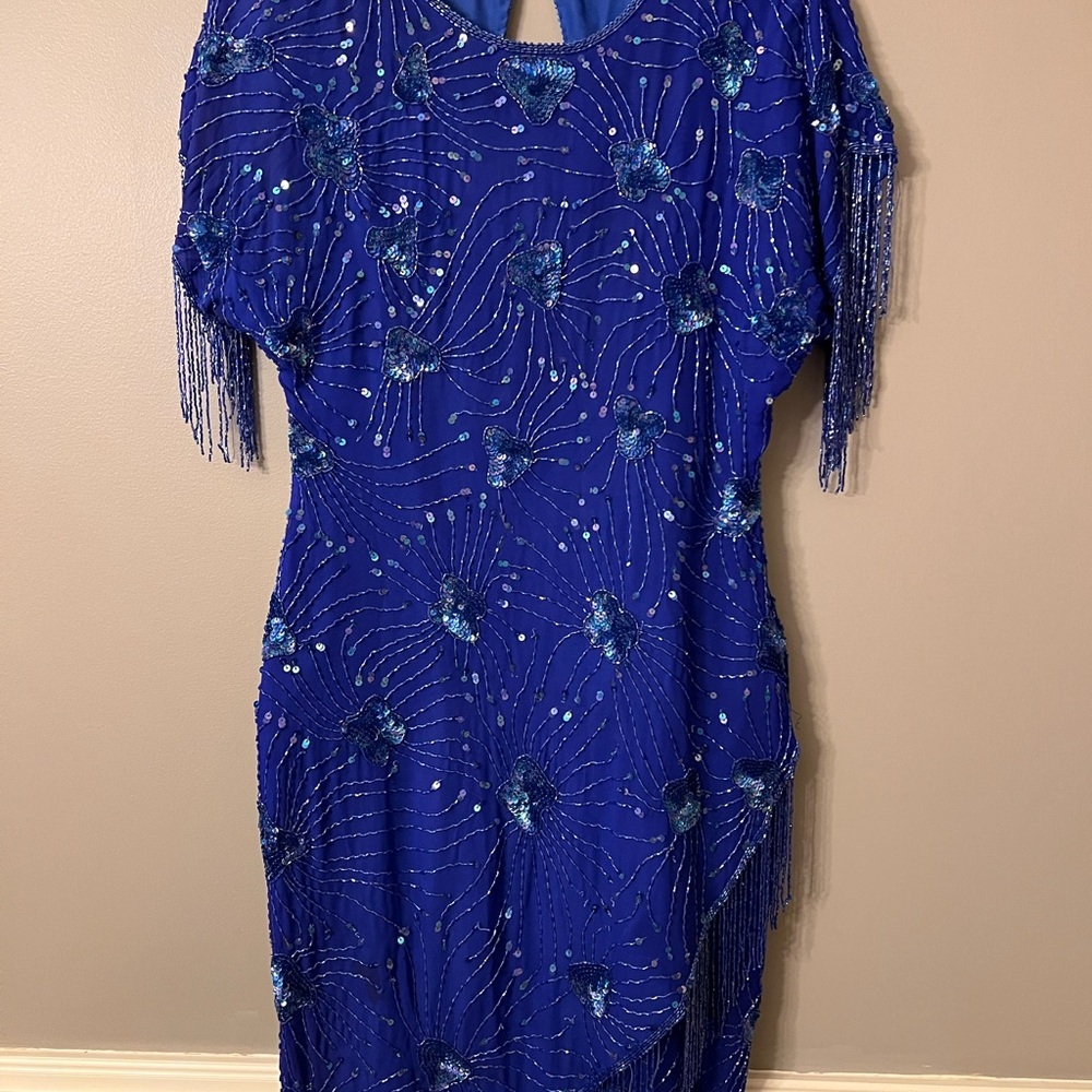 Stenay Vintage Royal Blue Sequin Beaded Tassel Cocktail Dress 100% Silk - Picture 7 of 15